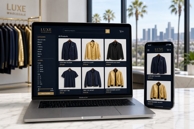 Example fashion and wholesale online store shown on a laptop and phone.