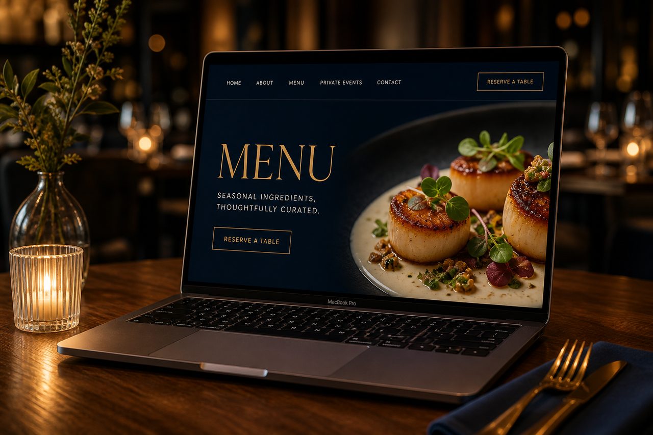 A premium restaurant website shown on a laptop — an example of the kind of site NSY LLC builds.